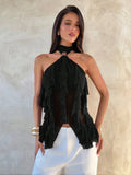 Midnight Cascade Multi-Layer Ruffle Halter Backless Top