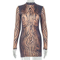 Abstract Animal Stripe Print Sheer Mesh Mock Neck Long Sleeve Illusion Bodycon Mini Dress