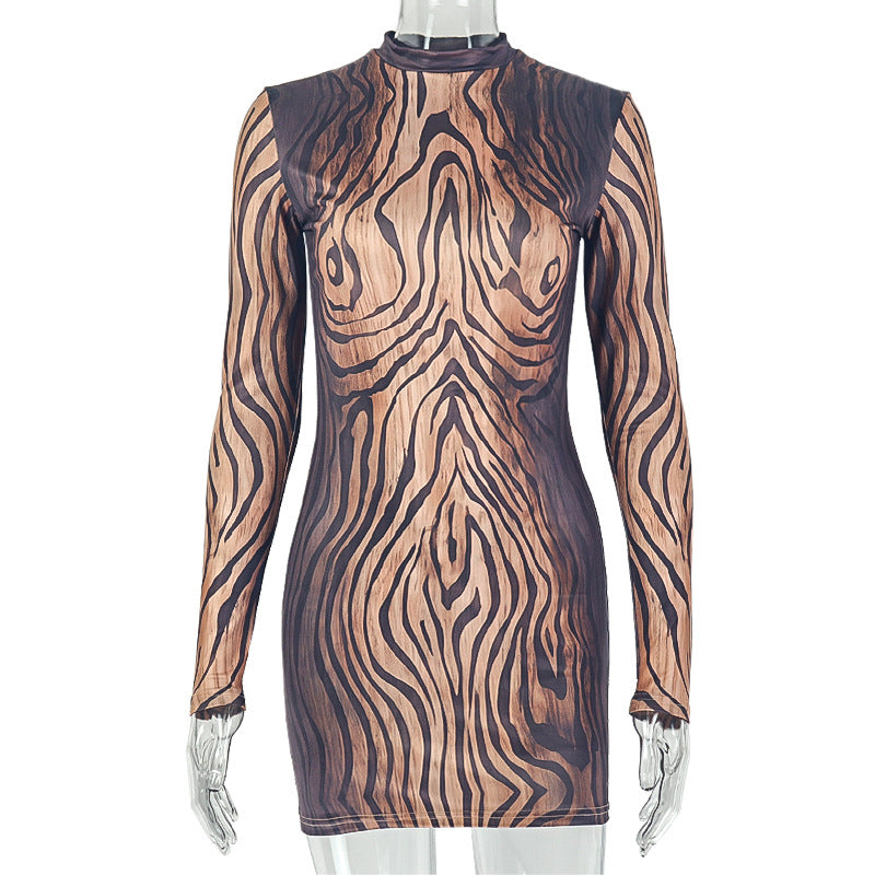 Abstract Animal Stripe Print Sheer Mesh Mock Neck Long Sleeve Illusion Bodycon Mini Dress