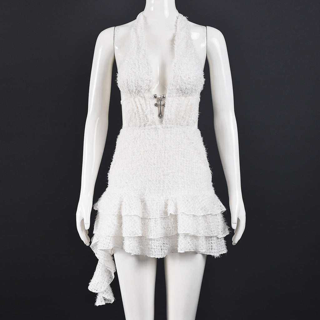 Boucle Tweed Halter Mini Dress | Cross Charm, Tiered Ruffle & Asymmetric Hem