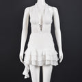 Boucle Tweed Halter Mini Dress | Cross Charm, Tiered Ruffle & Asymmetric Hem
