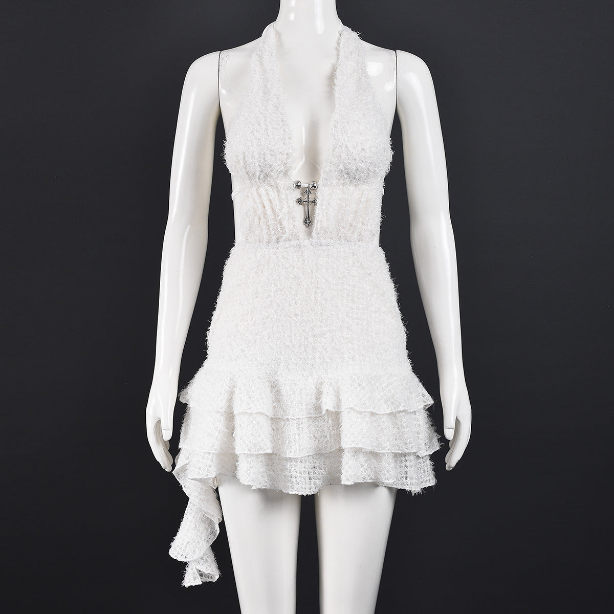 Boucle Tweed Halter Mini Dress | Cross Charm, Tiered Ruffle & Asymmetric Hem