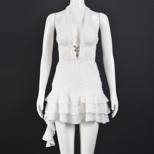 Boucle Tweed Halter Mini Dress | Cross Charm, Tiered Ruffle & Asymmetric Hem