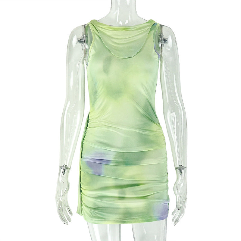 Neon Lime Yellow-Green Sleeveless Crew Neck Semi-Sheer Mesh Allover Ruched Bodycon Mini Dress