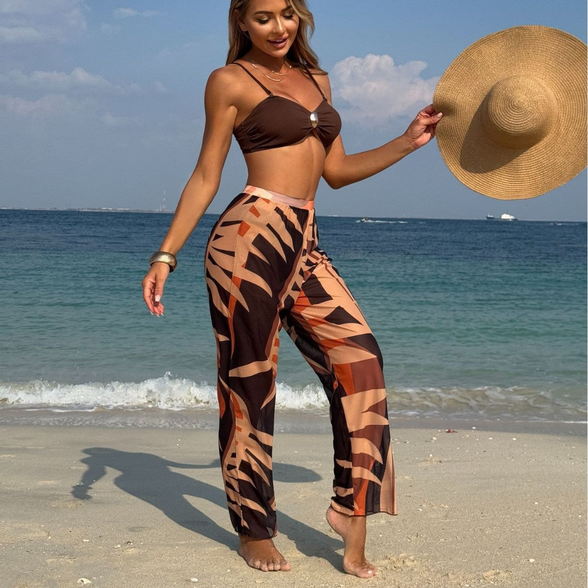 Chocolate Brown Ruched Bandeau Bikini & Tropical Print Wide-Leg Beach Pants | 3-Piece Set