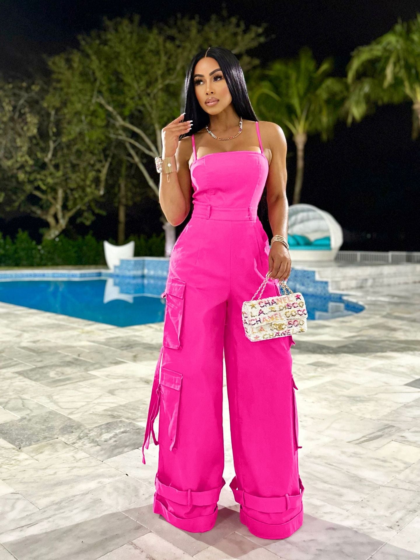 Tube Top Cargo Wide-Leg Jumpsuit | Spaghetti Ties, Patch Pockets & Buckle Hem