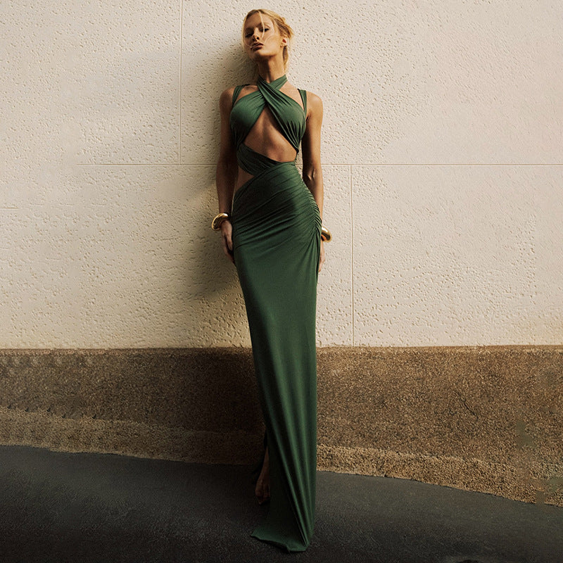 Cross Halter Cutout Ruched Fishtail Maxi Dress