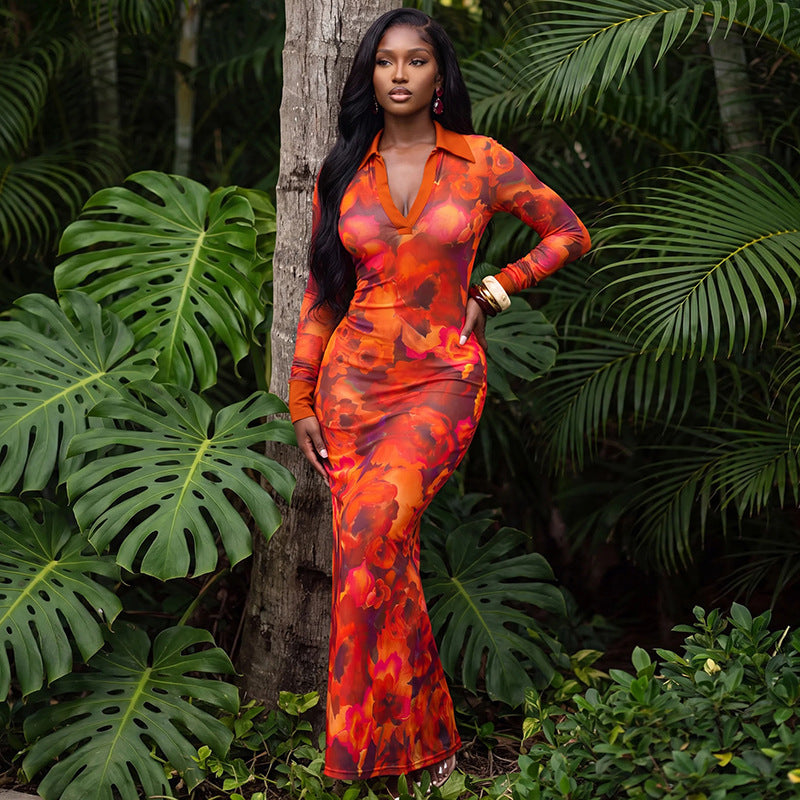 Mixed Animal Print Polo Collar V-Neck Long Sleeve Contrast Cuff Bodycon Maxi Dress