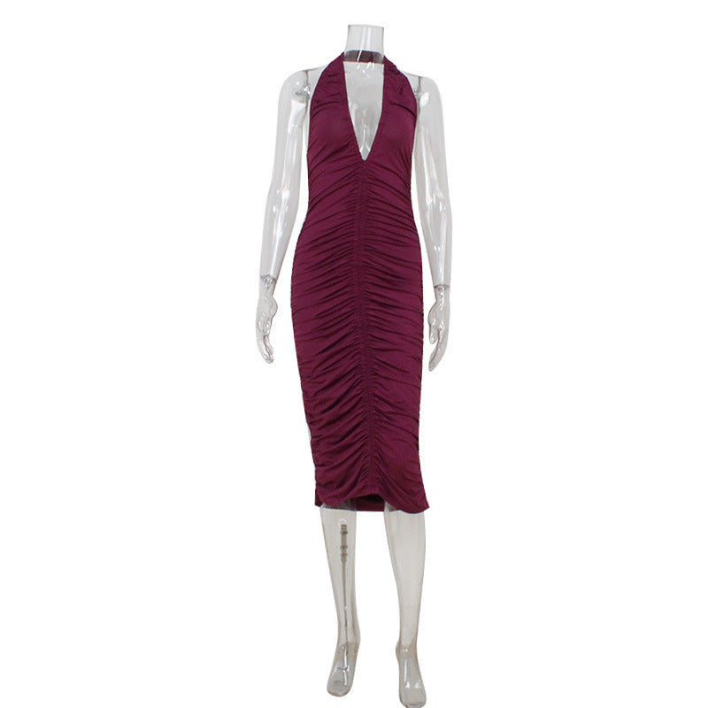 Deep V-Plunge Halter Neck Ruched Bodycon Midi Dress