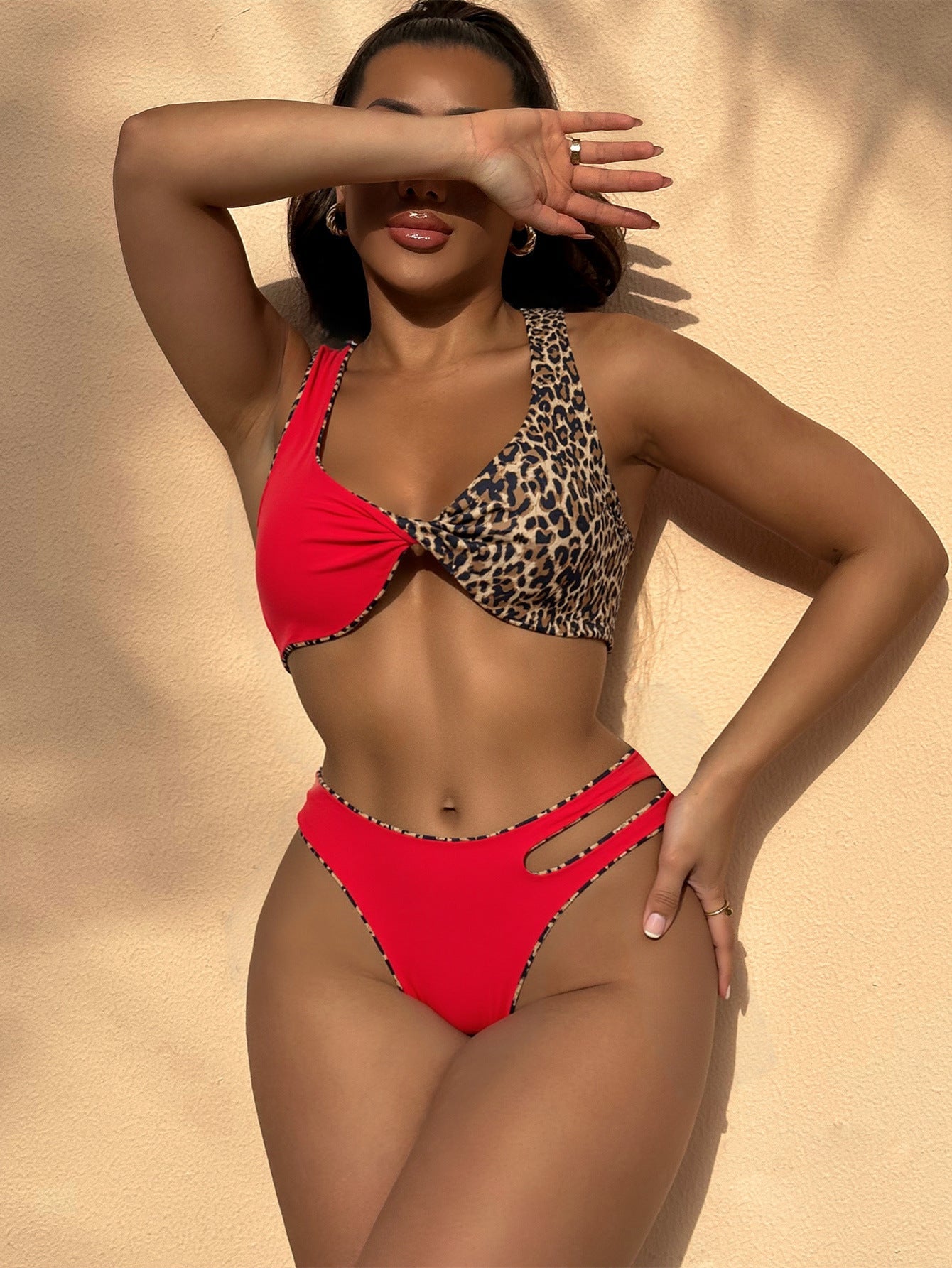 Red & Leopard Asymmetric Twisted Bikini Set