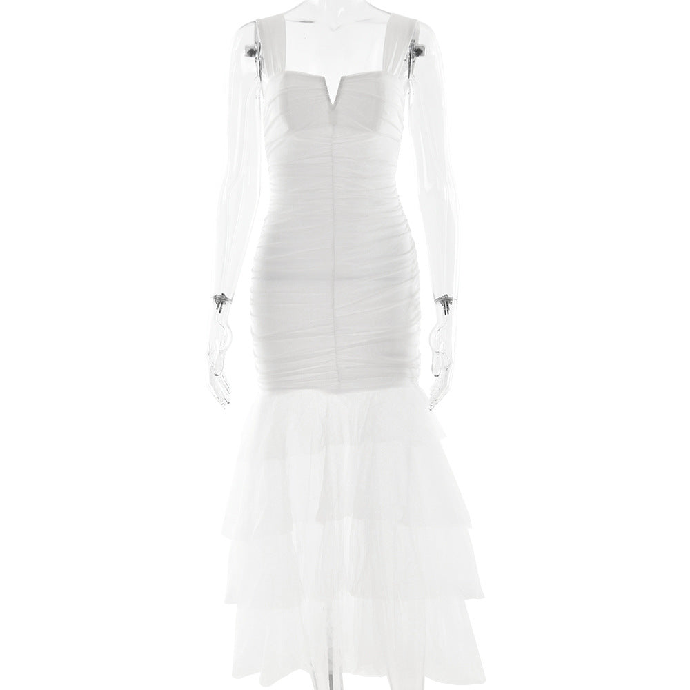 Ruched Bodycon Maxi Dress | V-Notch Neck Tiered Tulle Mermaid Hem