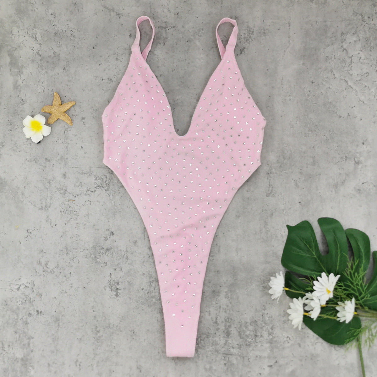Pink Rhinestone One-Piece Thong Swimsuit