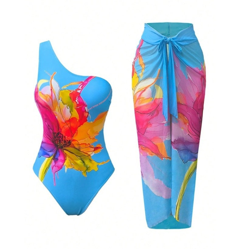 Watercolor Floral One-Shoulder One-Piece Swimsuit & Wrap Midi Sarong Skirt Set