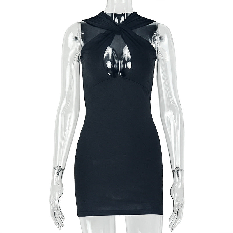 Cross-Twist Front Keyhole Cutout Bodycon Mini Dress | Mock Neck & Sleeveless