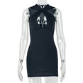 Cross-Twist Front Keyhole Cutout Bodycon Mini Dress | Mock Neck & Sleeveless