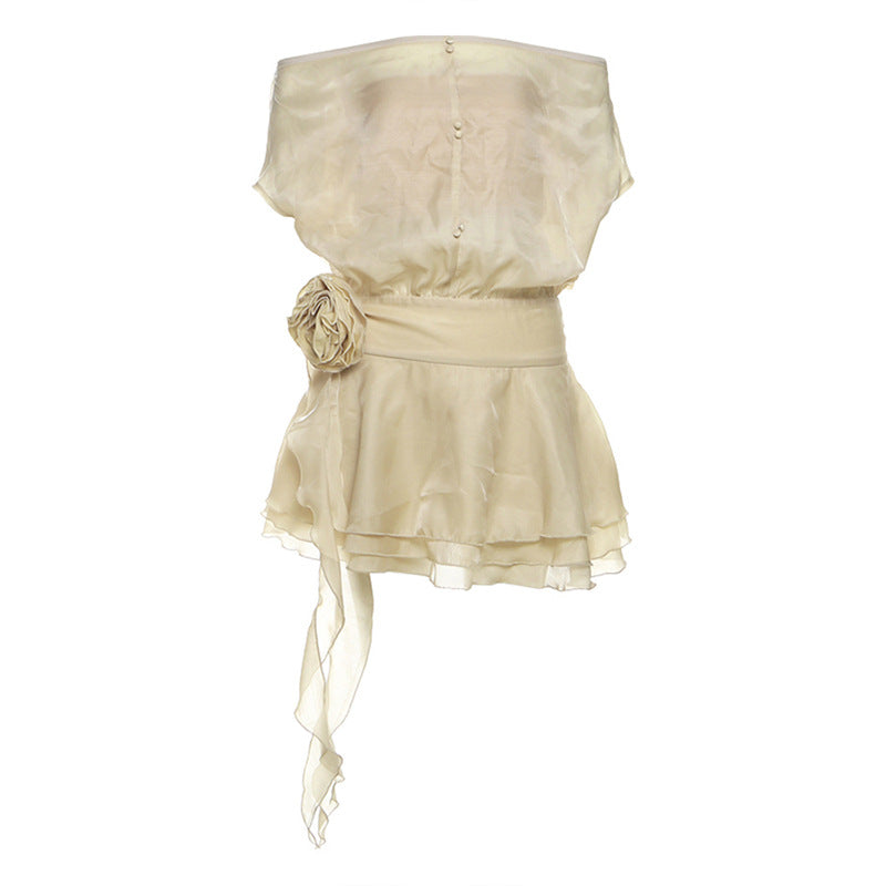 Off-Shoulder Ruffle Tiered Mini Dress with 3D Rosette Waist Tie