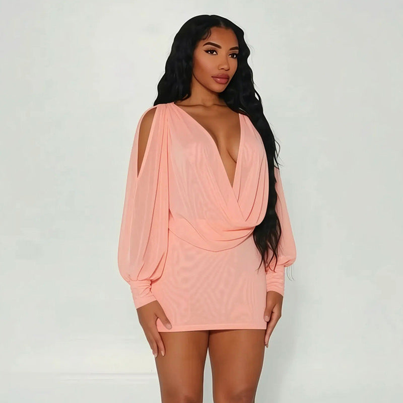 Deep V Draped Cowl Neck Cold-Shoulder Long Sleeve Backless Lace-Up Bodycon Mini Dress