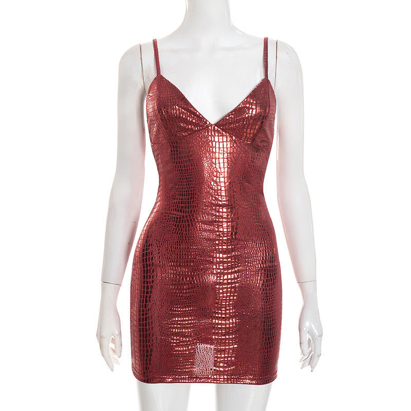 Croc Texture Bronzed Spaghetti Strap Deep V Bodycon Mini Dress