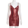 Croc Texture Bronzed Spaghetti Strap Deep V Bodycon Mini Dress