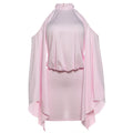 Mock Neck Cold-Shoulder Cape Sleeve Chain Cuff Blouson Ruched Mini Dress