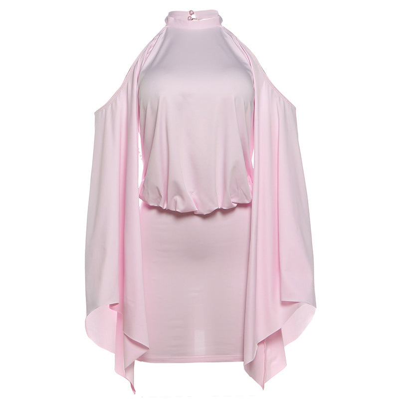 Mock Neck Cold-Shoulder Cape Sleeve Chain Cuff Blouson Ruched Mini Dress
