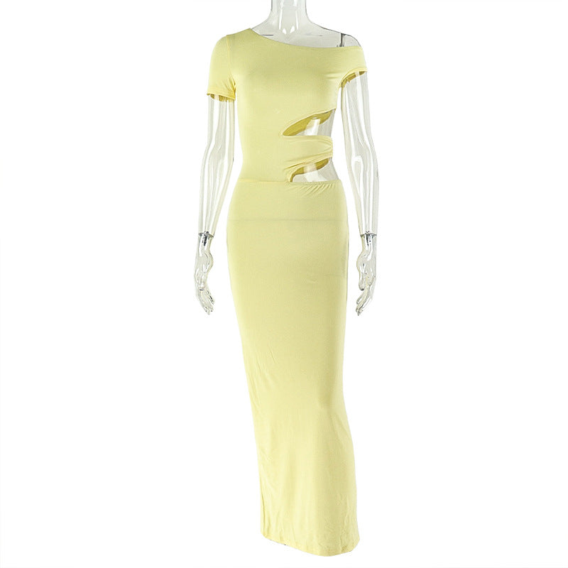 Asymmetric One-Shoulder Wrap Cutout Midriff Window Slim-Fit Bodycon Maxi Dress