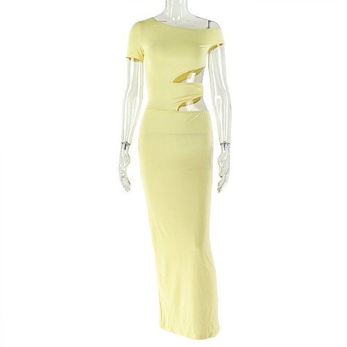 Asymmetric One-Shoulder Wrap Cutout Midriff Window Slim-Fit Bodycon Maxi Dress
