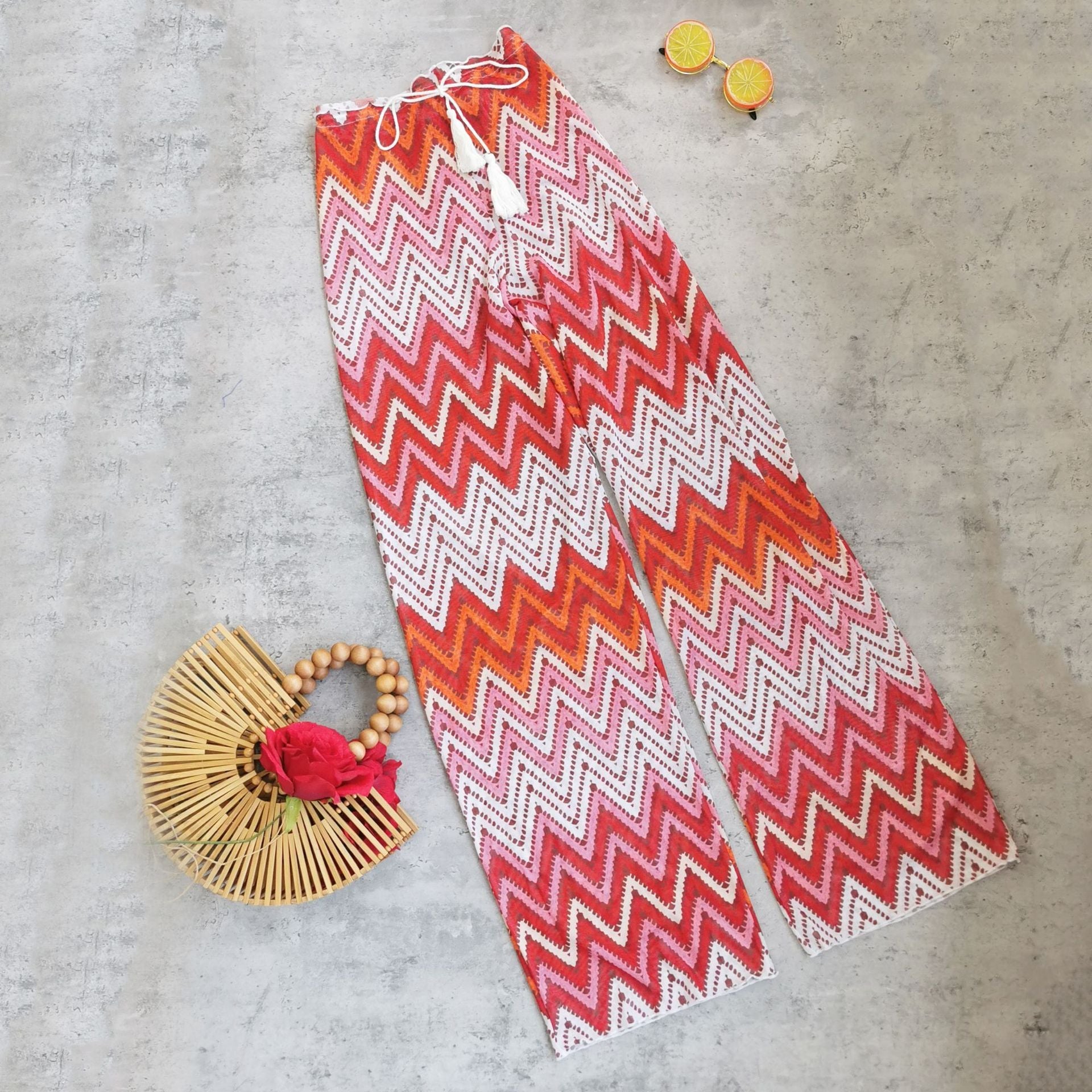 Pink Chevron Triangle Bikini Set & Mesh Coverup Trousers