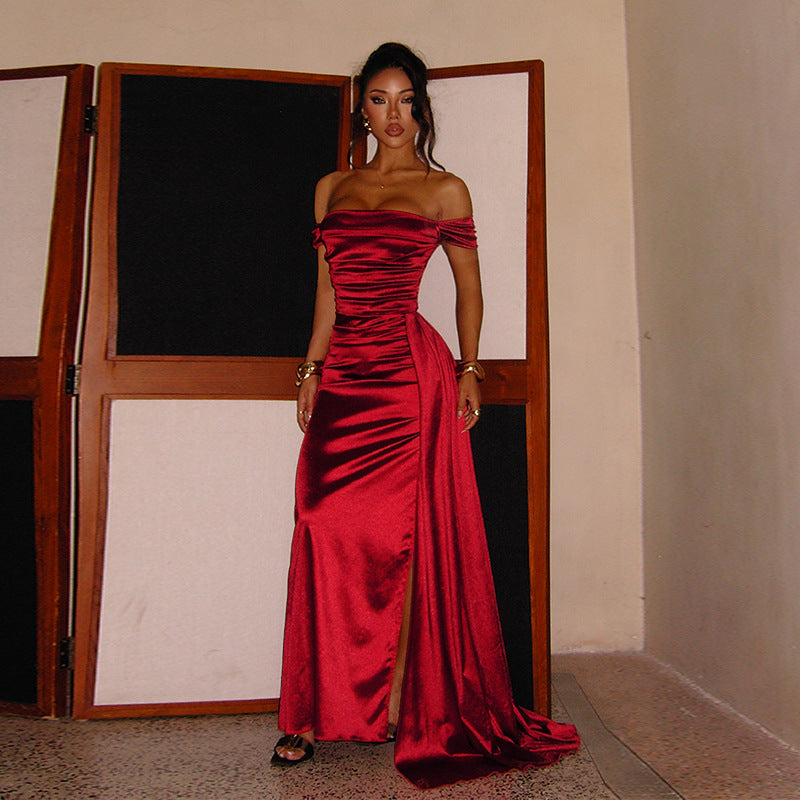 The Satin Nights Off-Shoulder Split Maxi Dress