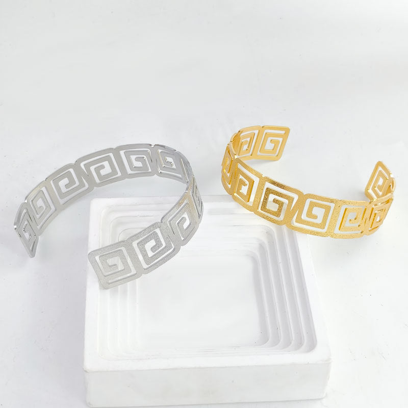 Greek Key Cutout Wide Cuff Bracelet | Adjustable Open Bangle