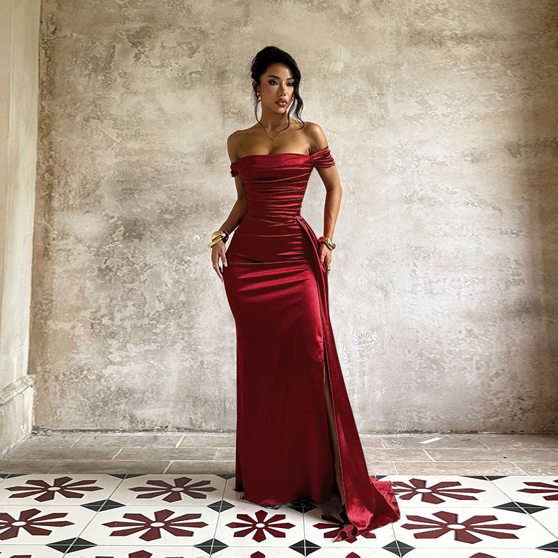 The Satin Nights Off-Shoulder Split Maxi Dress