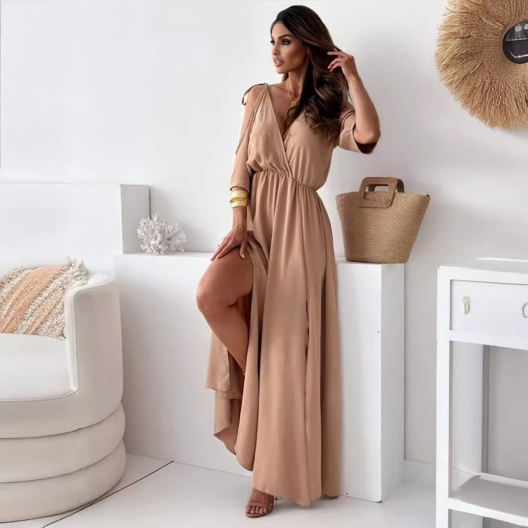 Deep V-Neck Cold Shoulder Half Sleeve Ruched Waist High Slit A-Line Maxi Dress