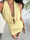 Cowl Drape Halter Metal Brooch Backless Bodycon Mini Dress