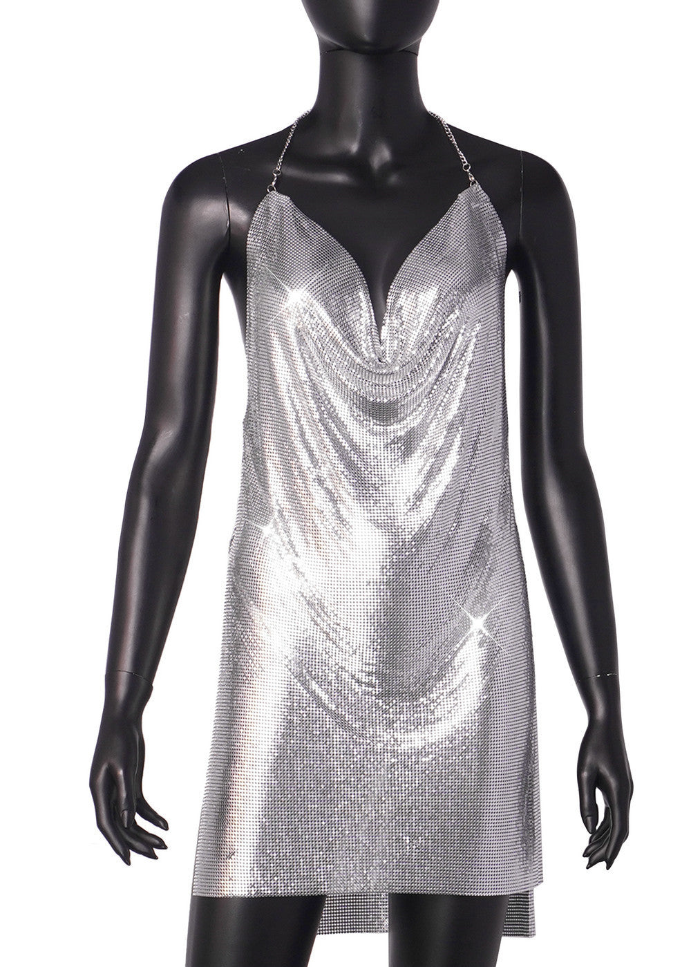Metallic Sequin Cowl-Neck Chain Halter Backless Mini Dress | Body-Con, Side Split & Disco-Glam