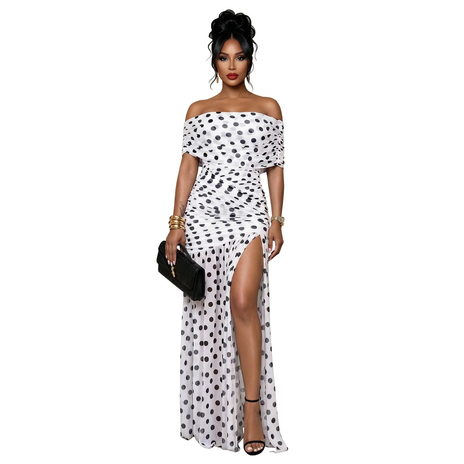 Polka Dot Off-Shoulder Ruched Body-Con Maxi Dress | High Split, Old Hollywood Glamour & Going-Out Dark Luxe