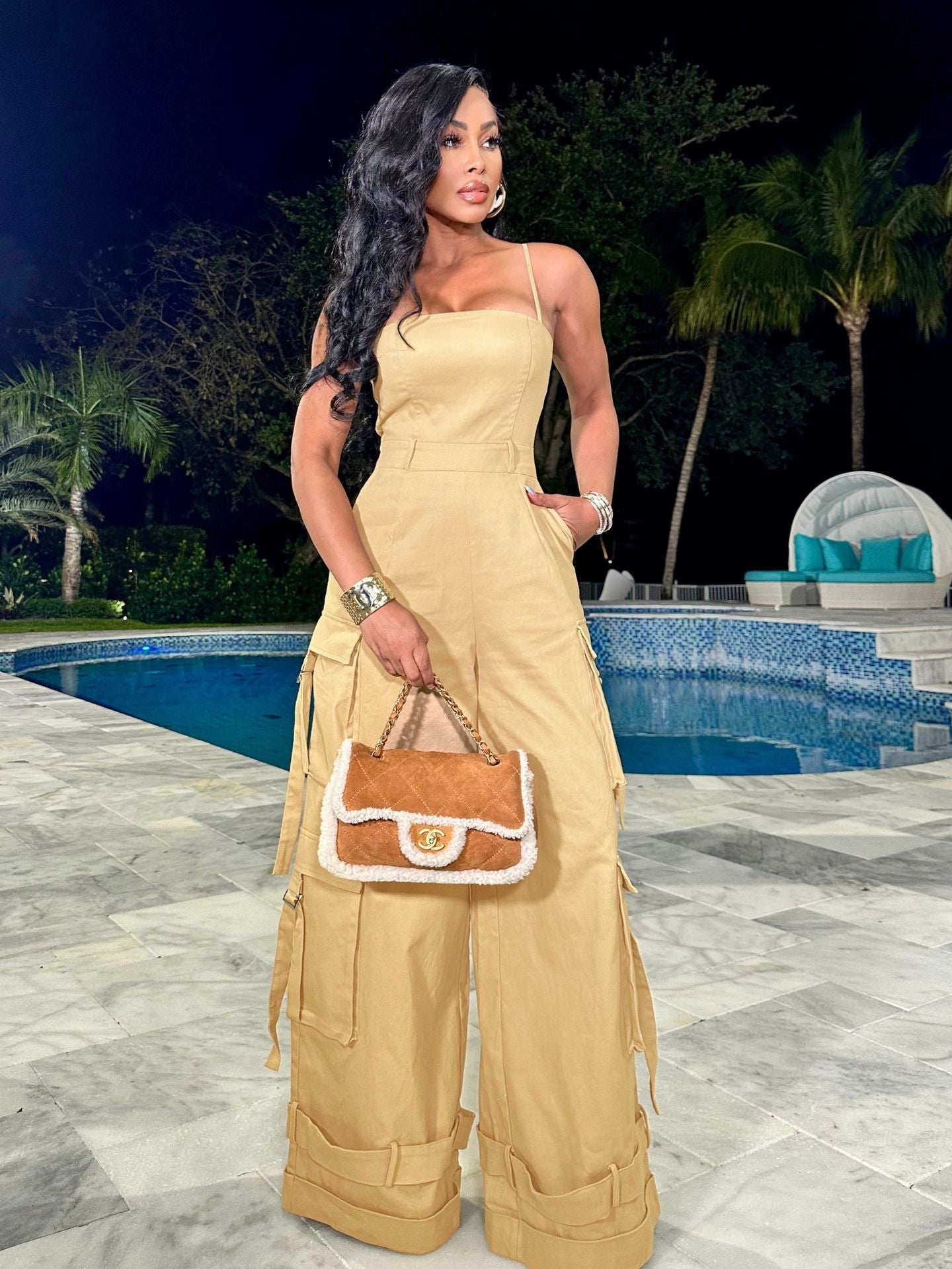 Tube Top Cargo Wide-Leg Jumpsuit | Spaghetti Ties, Patch Pockets & Buckle Hem