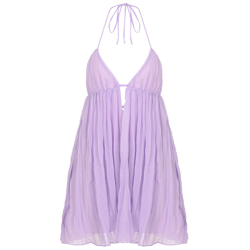 Deep V-Neck Halter Tie Chiffon Babydoll Mini Dress