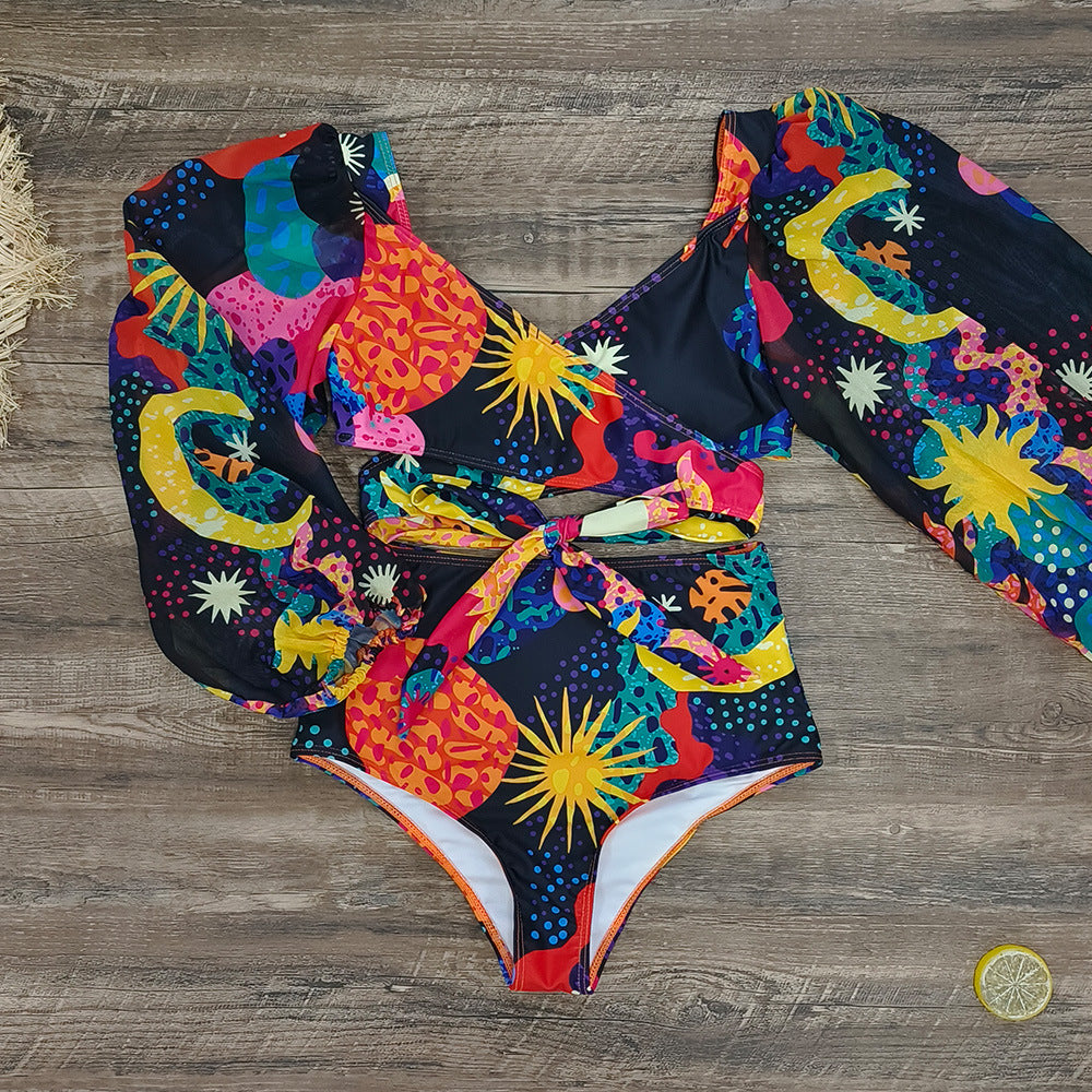 Tropical Print Long-Sleeve Cutout Tie-Front One-Piece Swimsuit