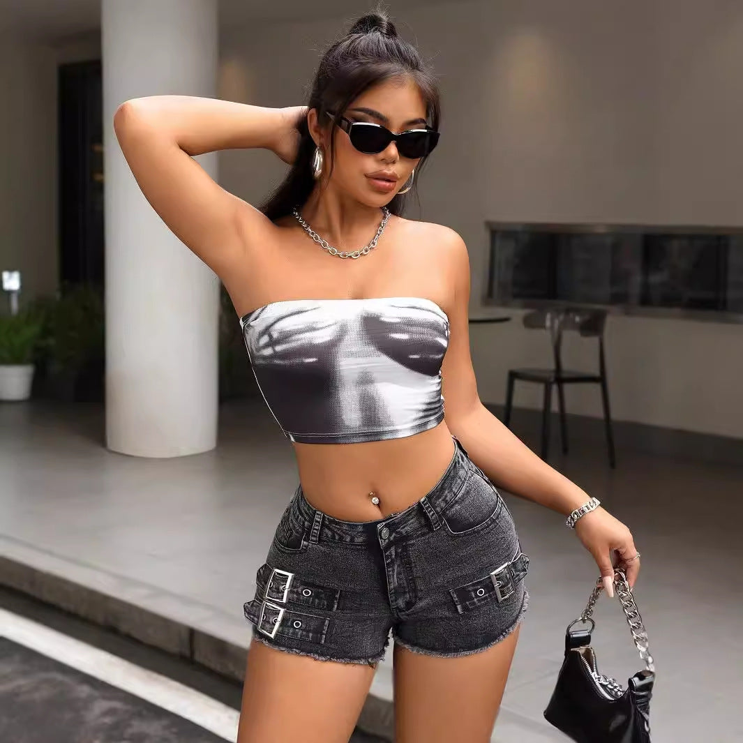 Moto Luxe Asymmetric Silver Buckle Low-Rise Denim Mini Shorts