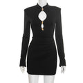 Gold Hardware Keyhole Mock Neck Long Sleeve Bodycon Mini Dress