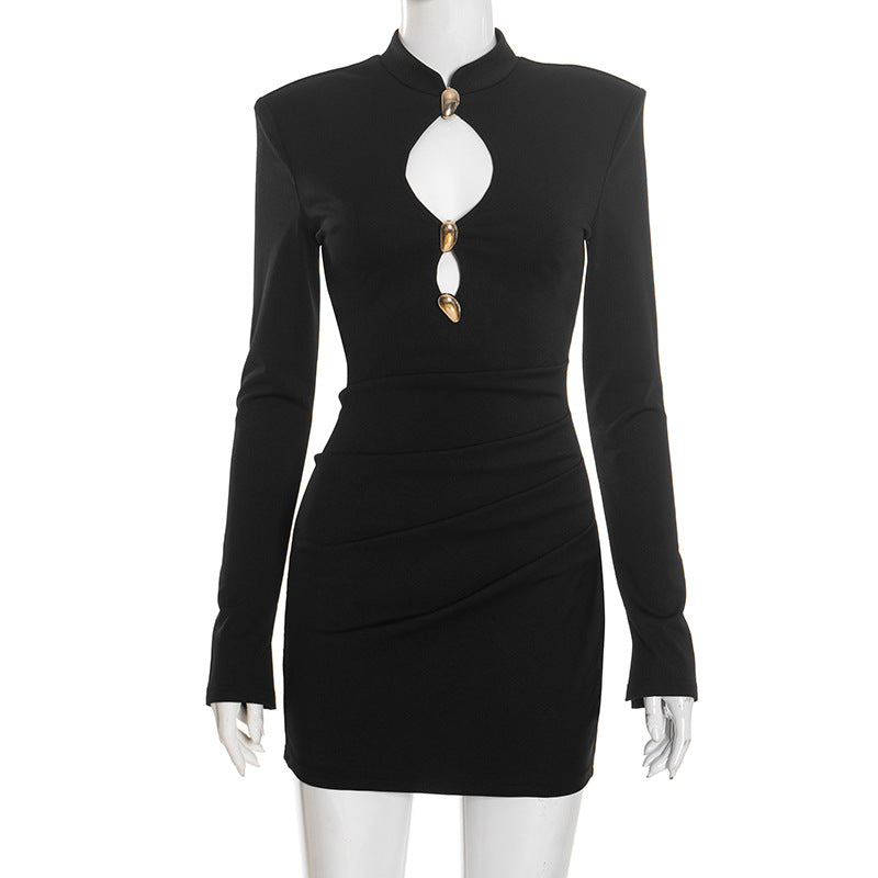 Gold Hardware Keyhole Mock Neck Long Sleeve Bodycon Mini Dress