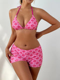 Hot Pink Floral Damask Triangle Halter Bikini Top & High-Waist Swim Shorts Set | Barbie-Coded, Bold Print & Resort Luxe