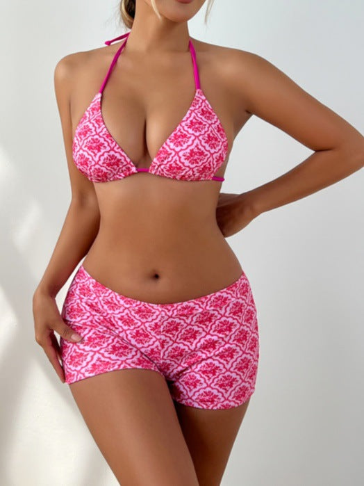 Hot Pink Floral Damask Triangle Halter Bikini Top & High-Waist Swim Shorts Set | Barbie-Coded, Bold Print & Resort Luxe
