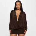 Deep-V Long Sleeve Draped Wrap Mini Dress