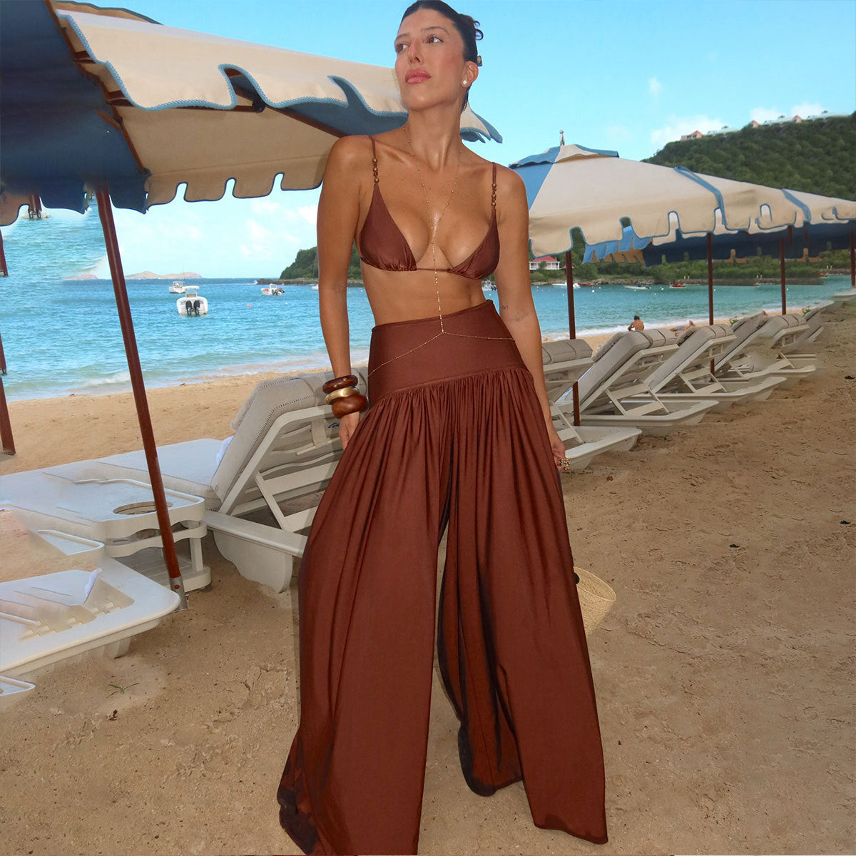 Terracotta Gold Bead Triangle Bikini Set | Double Strap Thong Bottoms & Santorini-Coded Resort Luxe