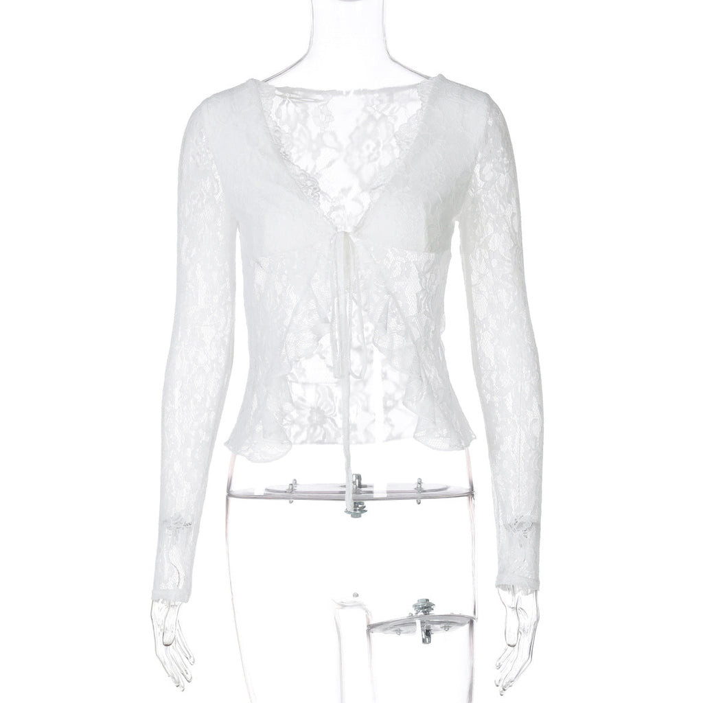Women Clothing Sexy Lace See through V neck Cardigan Lace up Long Sleeve Top
