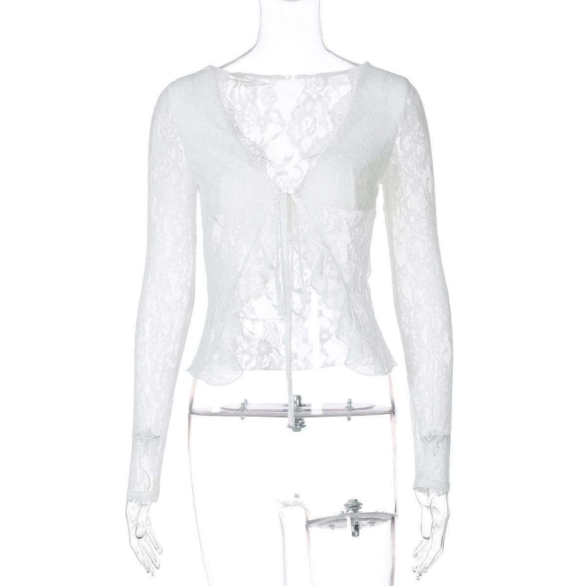 Women Clothing Sexy Lace See through V neck Cardigan Lace up Long Sleeve Top