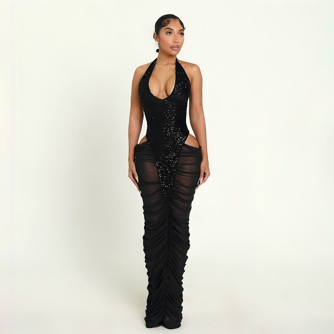 Sequin Halter Deep V Bodysuit & Ruched Mesh Maxi Skirt Dress