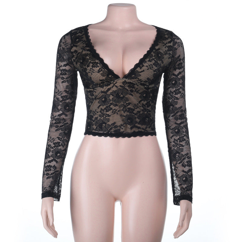 Sheer Floral Lace Deep V-Neck Long Sleeve Crop Top
