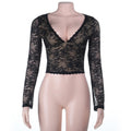 Sheer Floral Lace Deep V-Neck Long Sleeve Crop Top
